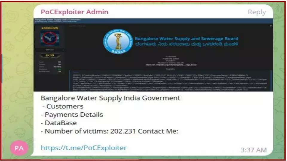 Breaking: Bangalore Water Supply Board, Khadi India data leaked on hacker forum